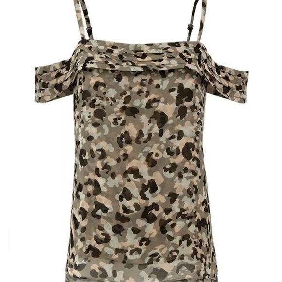 Cabi size small Tiered Camouflage Leopard Print Cold Shoulder Top - Picture 1 of 8